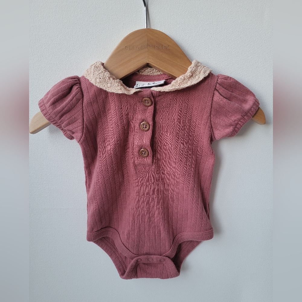 EUC 0-3m Mauve Ribbed Bodysuit With Lace Collar
